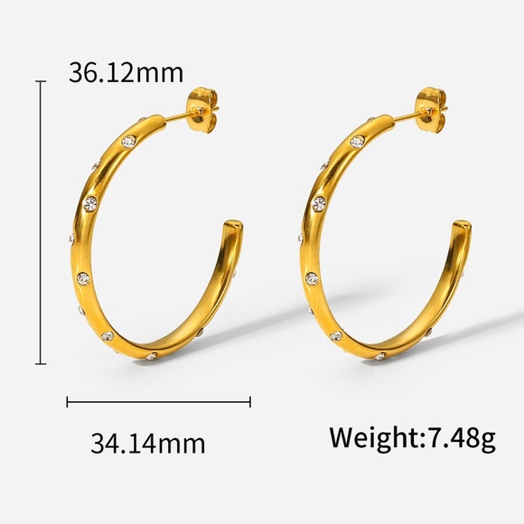 18k Gold Stainless Steel Anti-Tarnish Luxury Hoop Earrings w/ CZ Crystal Inlay - Picture 13 of 14